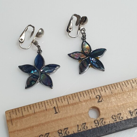 Vintage Silver Tone Abalone Shell Inlay Flower Clip On Earrings Boho Beach Core - Picture 3 of 5